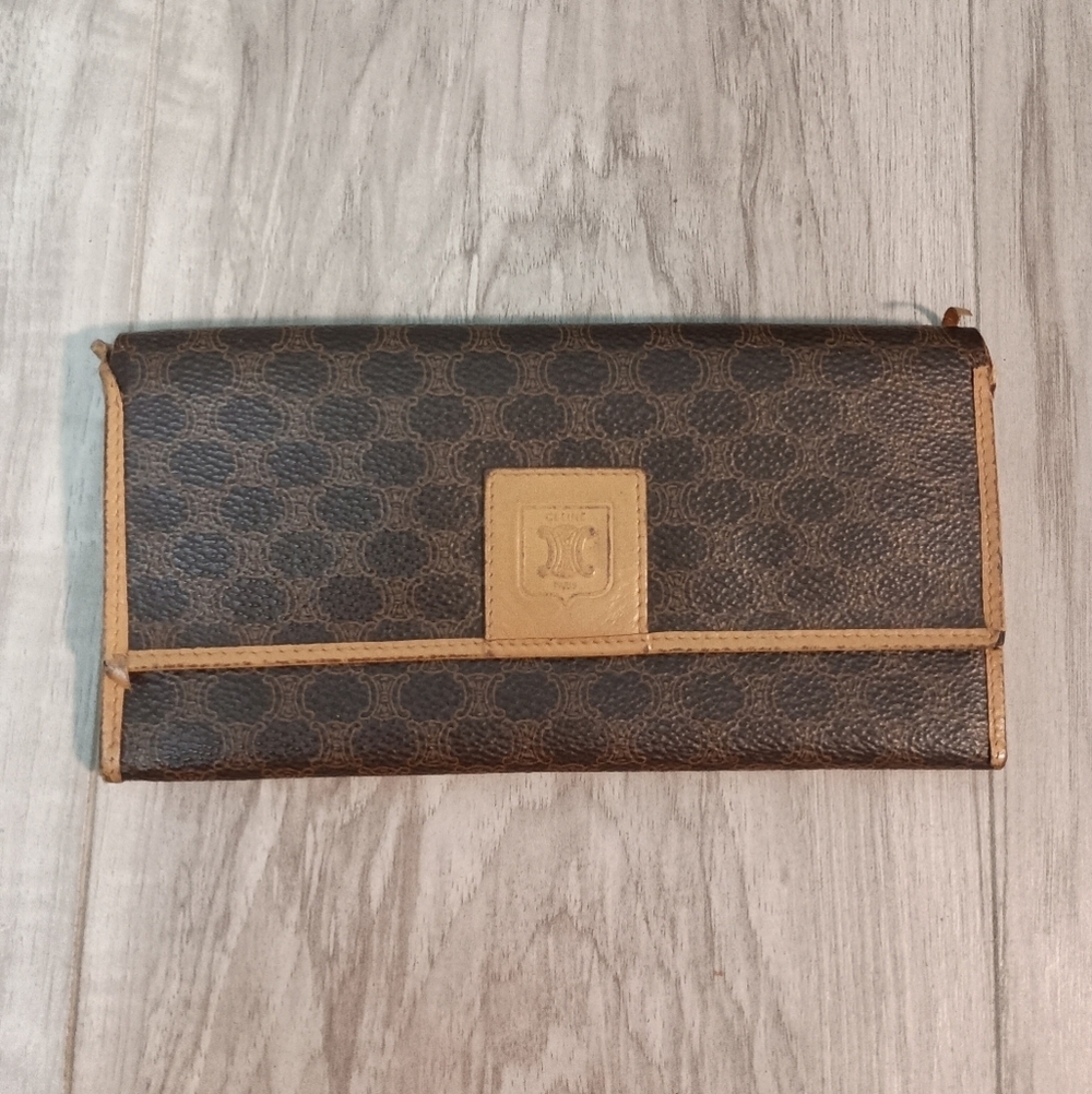 Authentic, Celine Canvas Brown Macadam Long Bi-fold Wallet